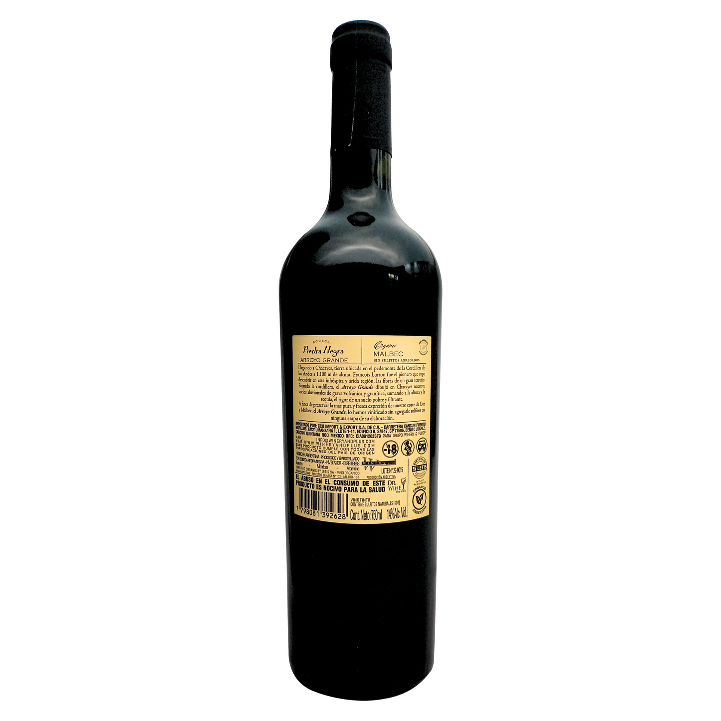 Piedra Negra Arroyo Grande Malbec vino tinto sin sulfitos añadidos 750 ml