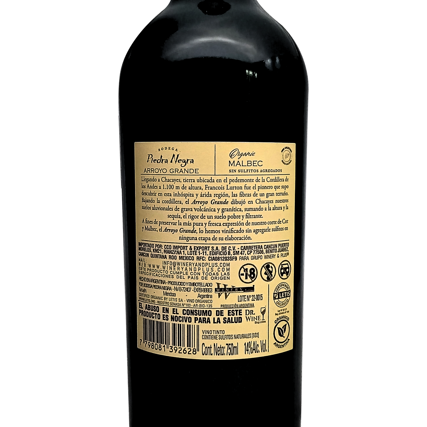 Piedra Negra Arroyo Grande Malbec vino tinto sin sulfitos añadidos 750 ml