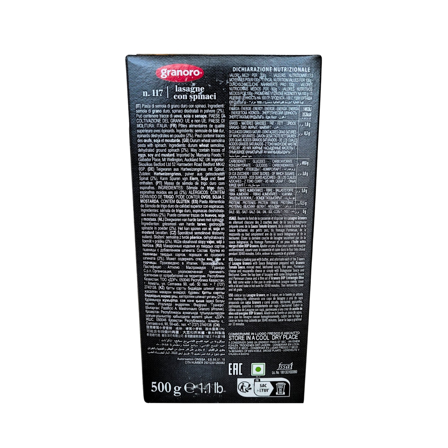 Lasagna de espinaca 500g Granoro